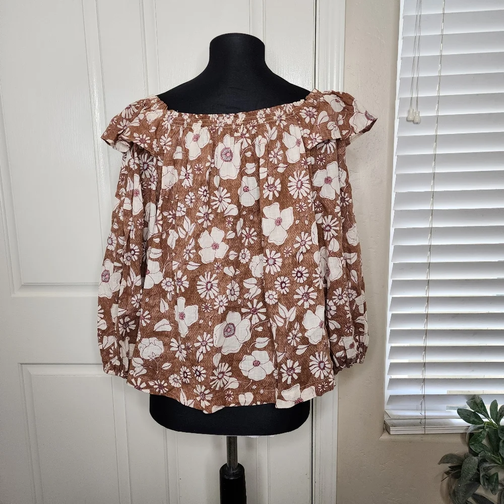 Free People Miss Daisy Top Vintage Combo Print Puff Sleeves | Small | EUC